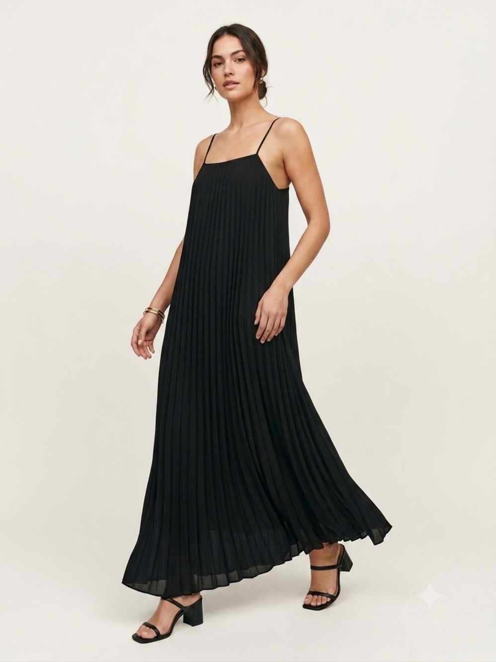 Mango MNG Black Pleated Maxi Dress Spaghetti Strap Accordion Pleat Long Dress 2